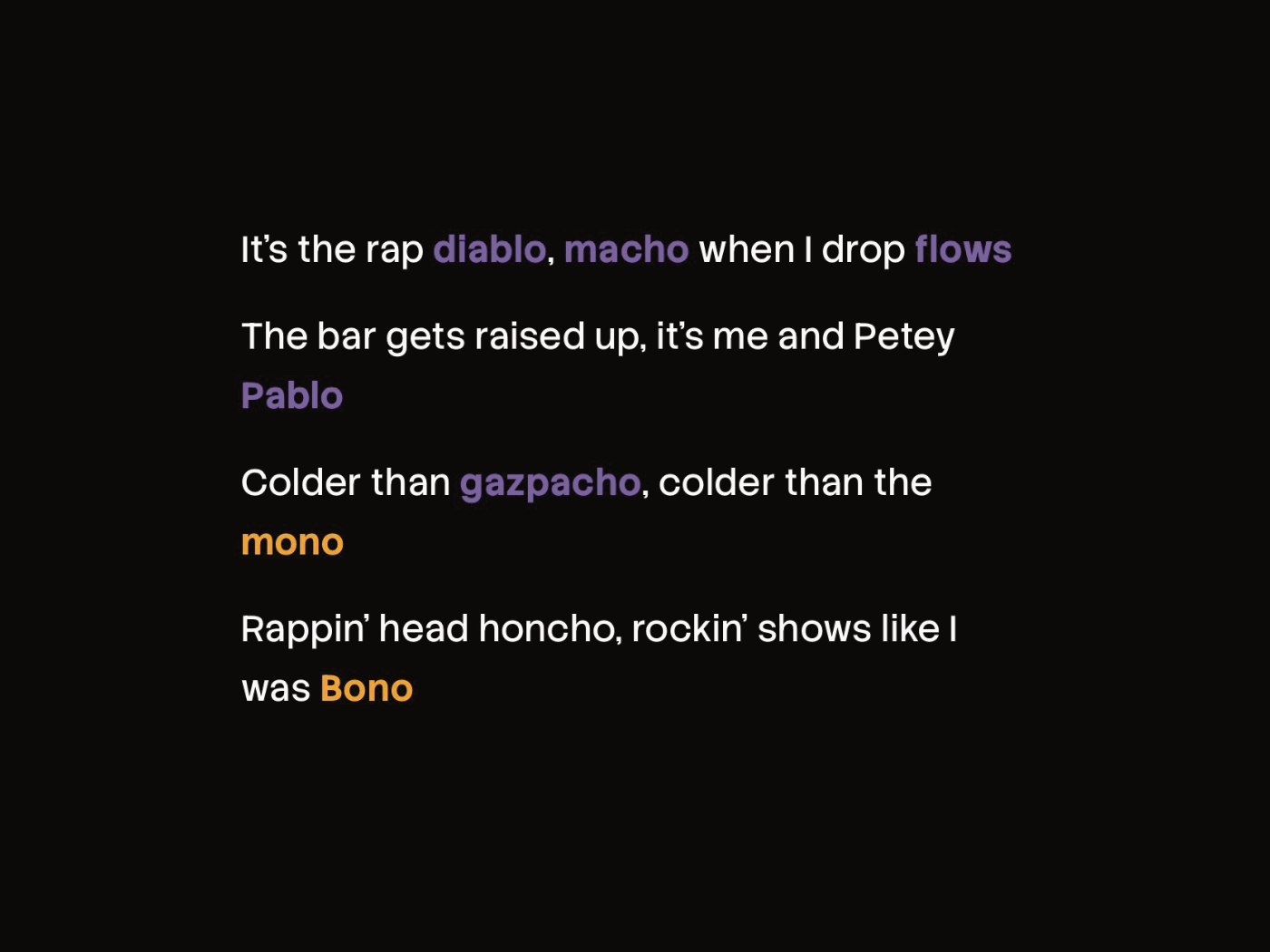 Verse’s daily puzzle showing four lines of colour-coded lyrics that mark the rhyme scheme