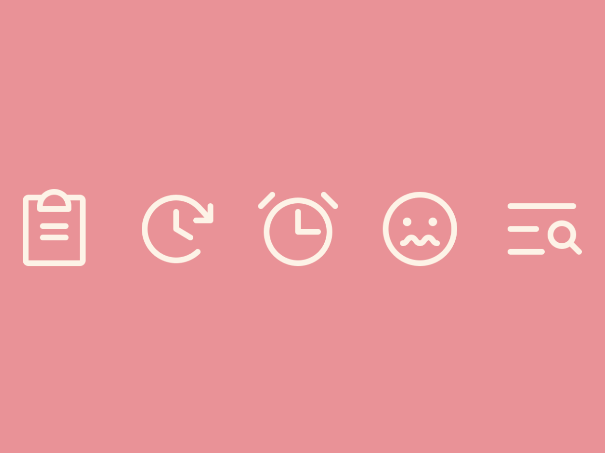 Five line-art icons used across Dose: a clipboard, a history clock, an alarm clock, a face, and a search list