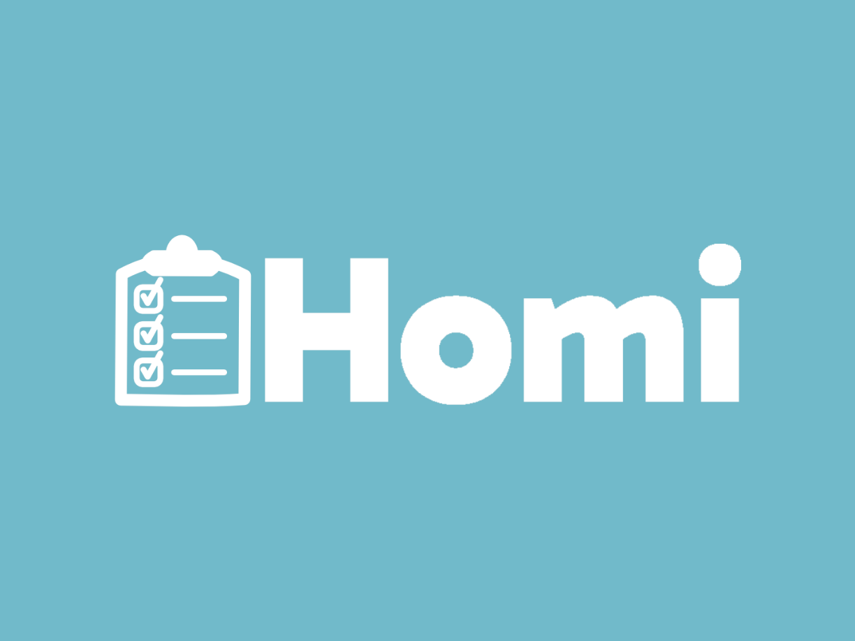 Homi logo with a teal clipboard mark and wordmark