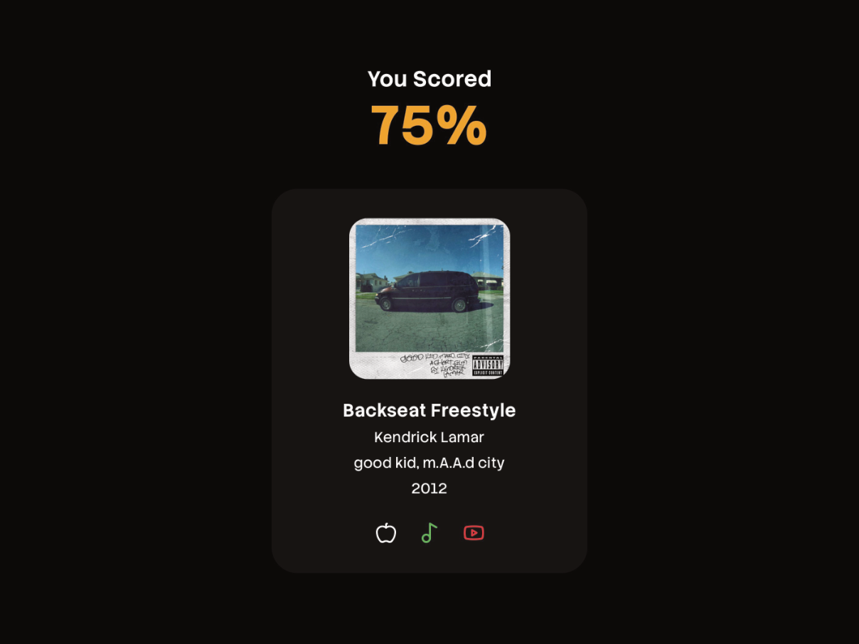 Verse’s results screen showing a 75% score with song, artist, album and year, plus streaming links